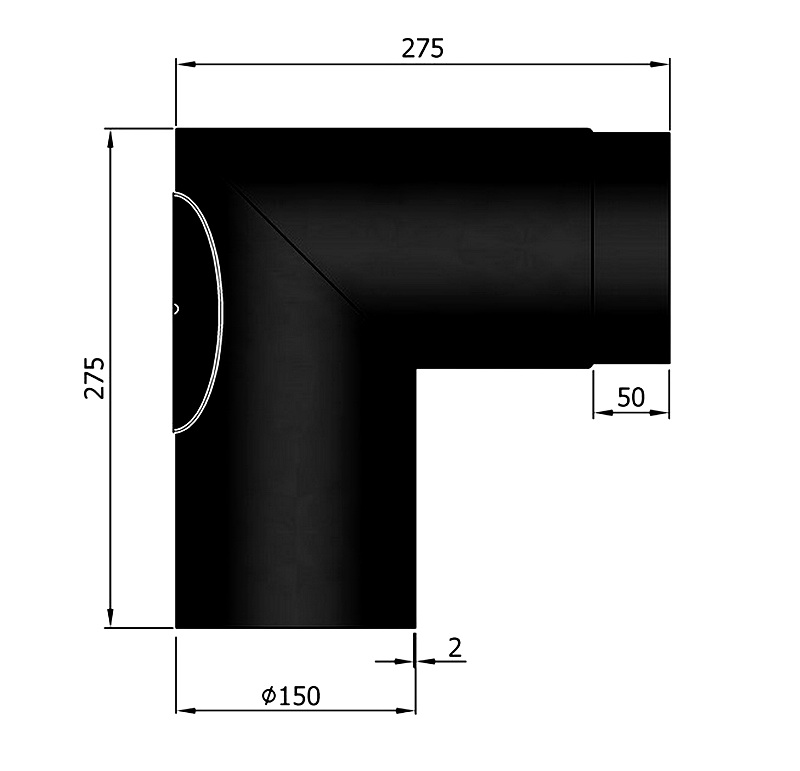 90° Rauchrohrwinkel spitz mit Revisionstür, ø 150 mm, schwarz