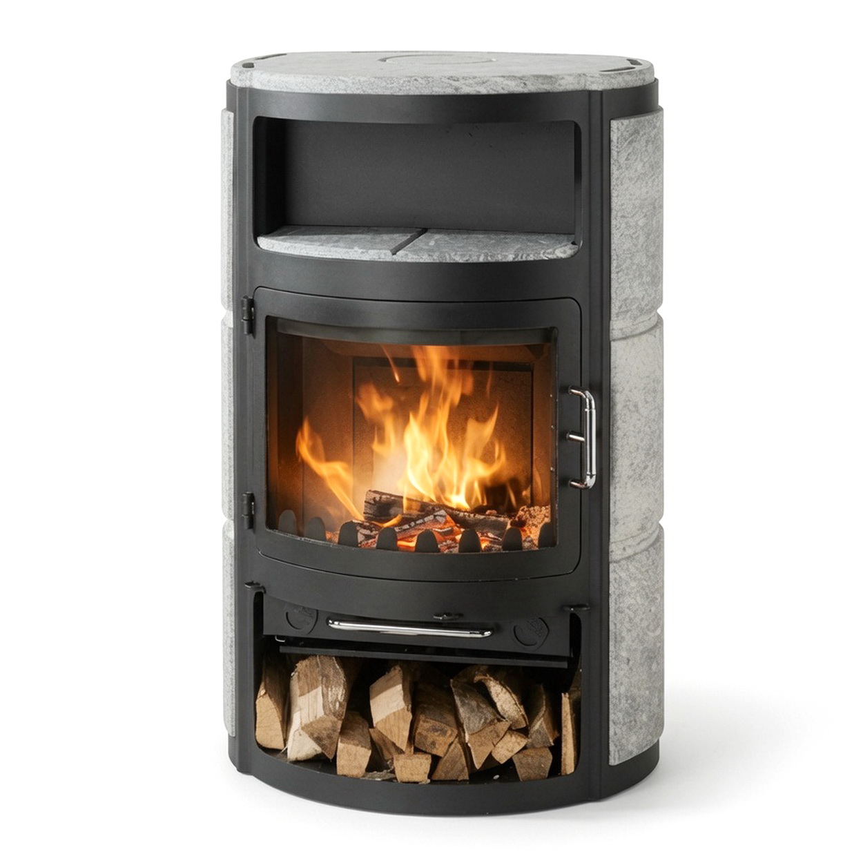 Kamin, Holzofen, Gussstein, Feuerstelle, Feuerholzfach
