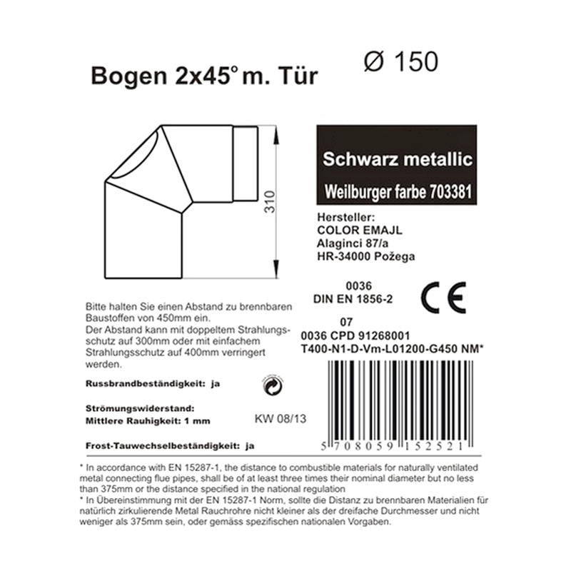 Rauchrohrwinkel 90° (2 x 45°) mit Revisionstür, ø 150 mm_technische Daten