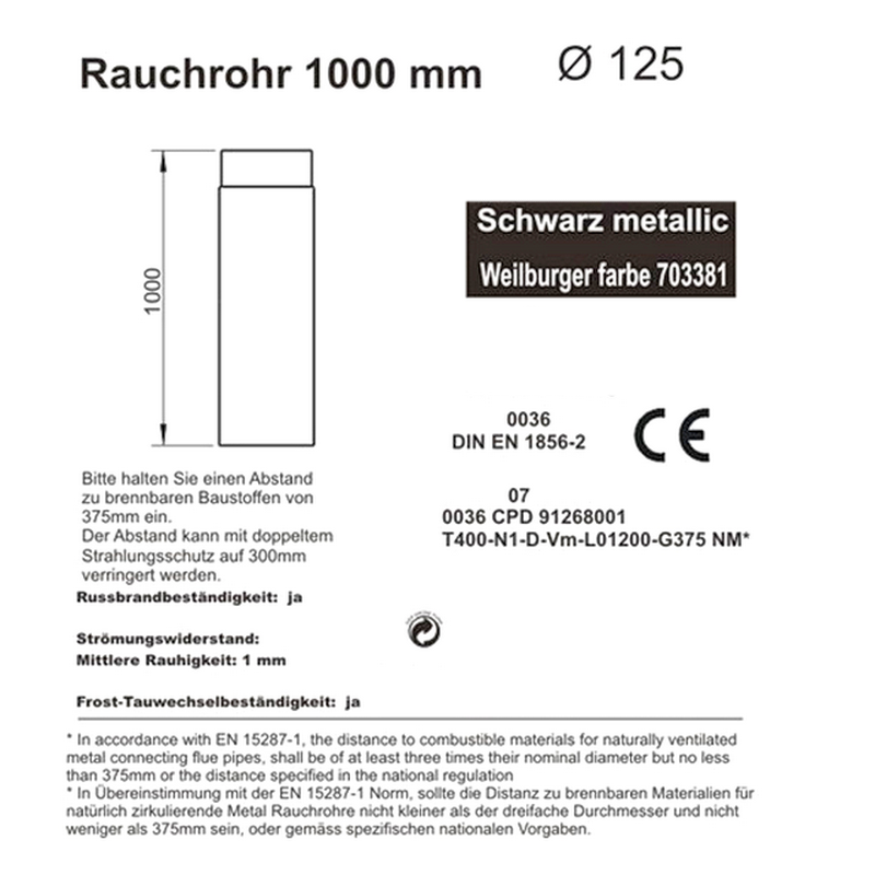 Rauchrohr 1000 mm, ø 125 mm, schwarz-Daten