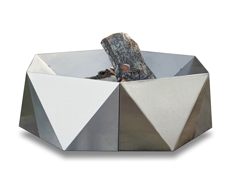 Feuerschale Ra aus Edelstahl freigestellt mit Holz