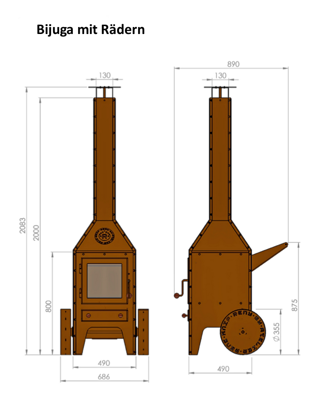 Bijuga Gartenkamin fahrbar mit 2 Rädern Maße