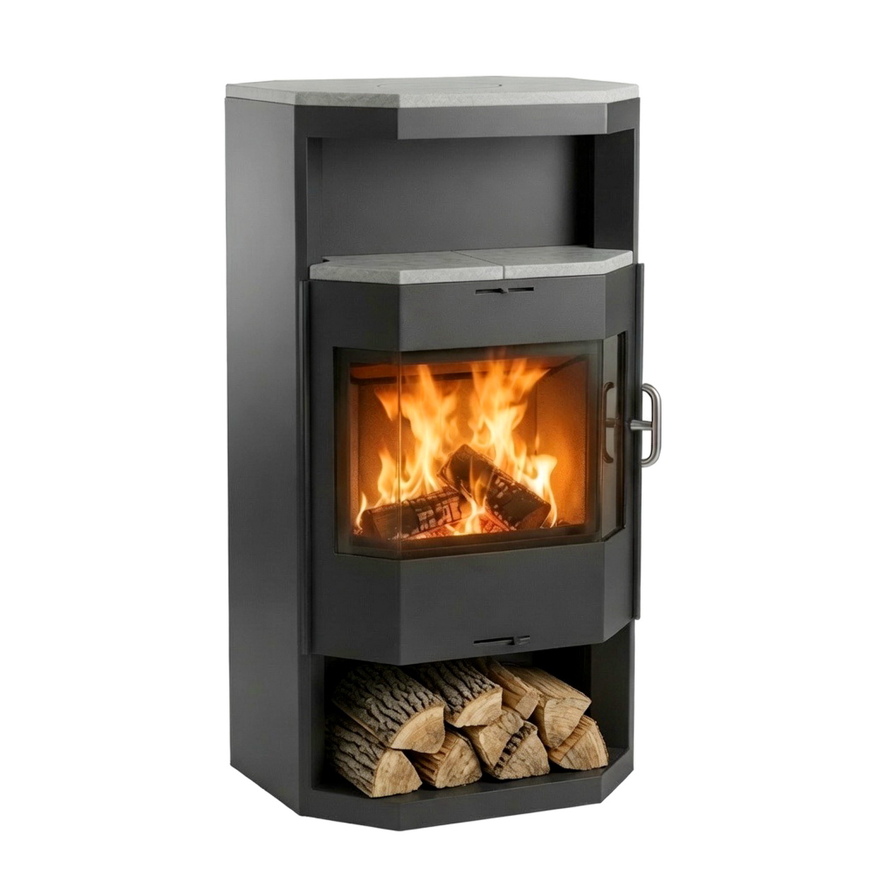 Kamin, Holzofen, Feuerstelle, Feuerholz, Gehäuse aus Metall