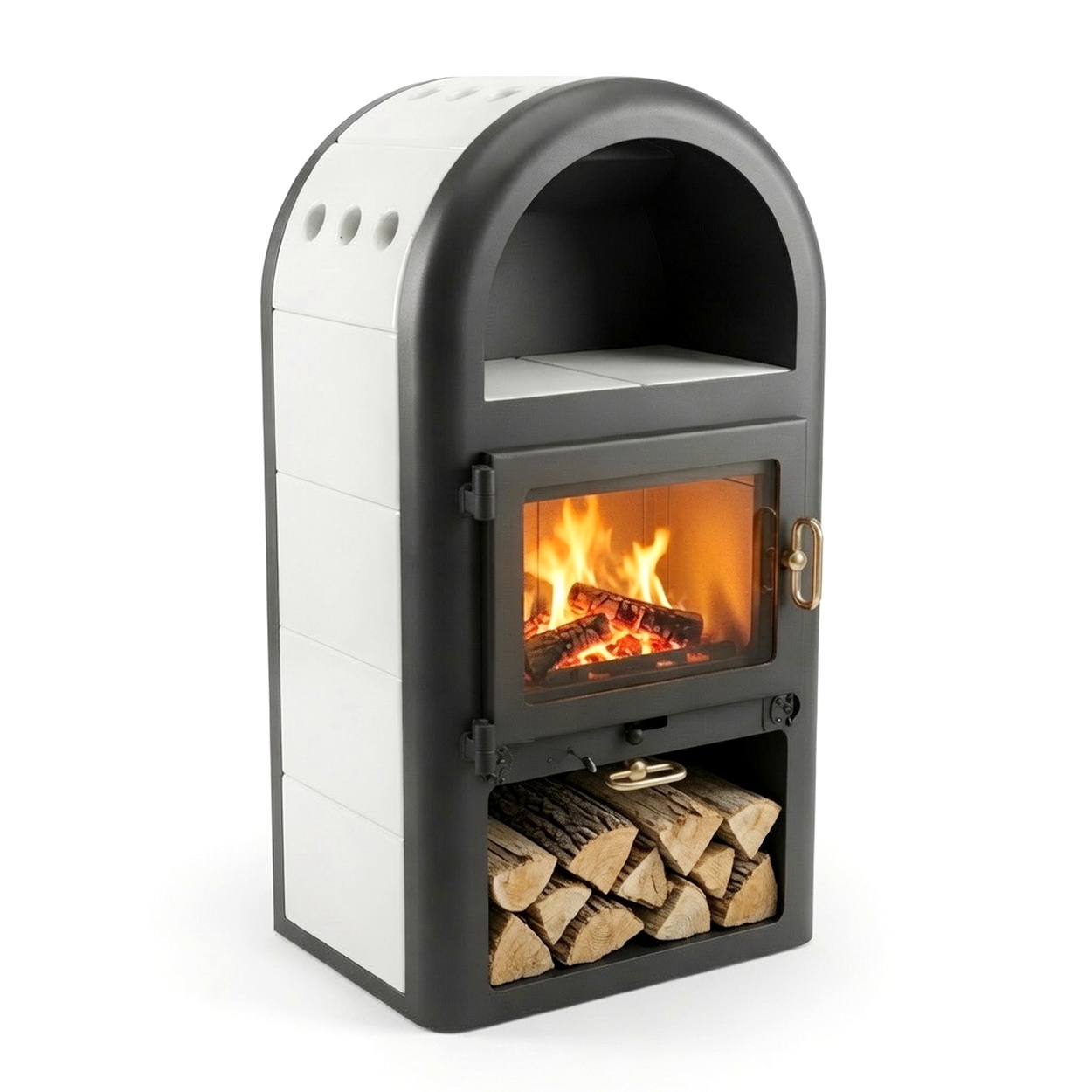 Kaminofen, Holzfach, Feuerraum, Schwarz-Weiß, Holzlagerschublade