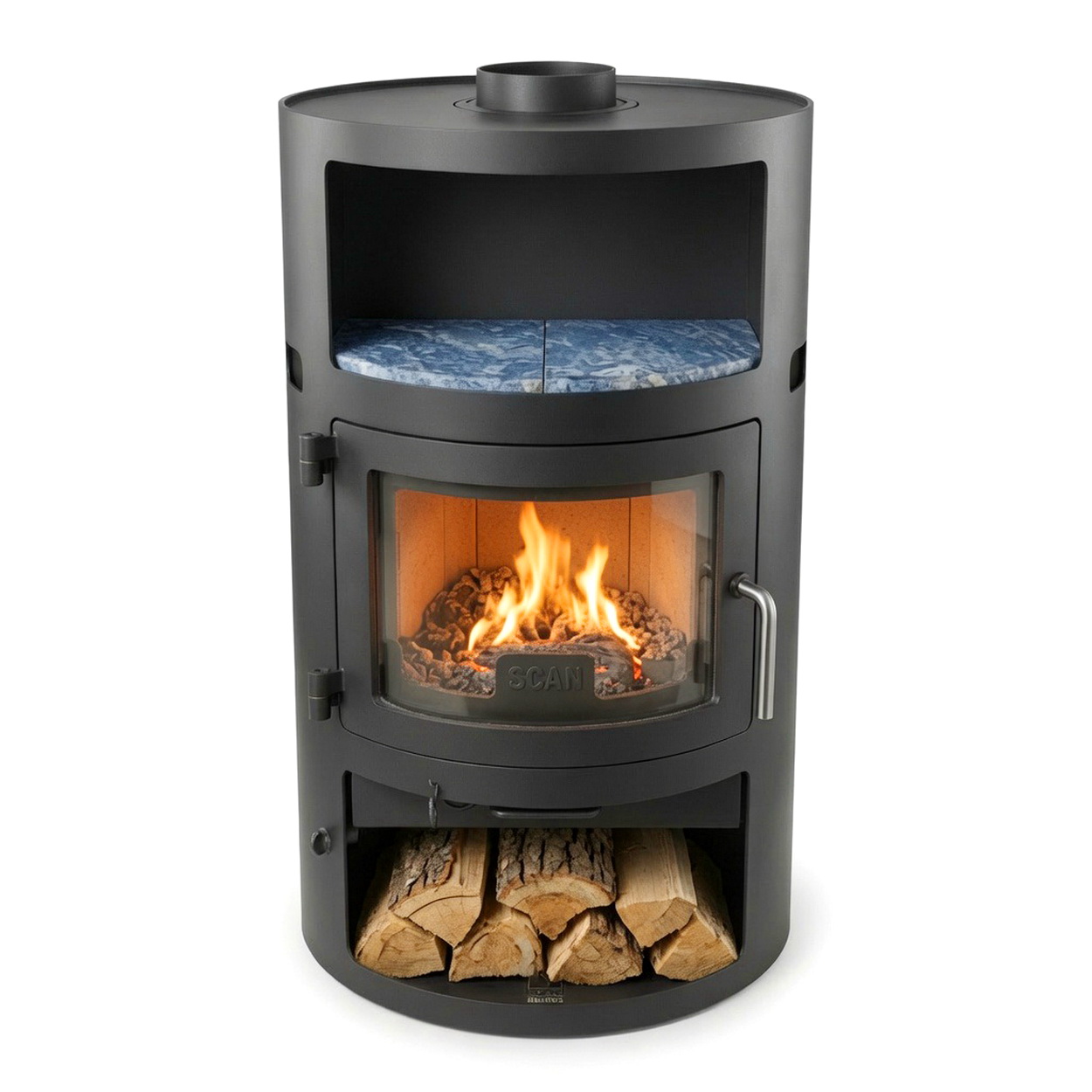 Kachelofen, Holzofen, Glaskachel, Feuerraum, Holzablage
