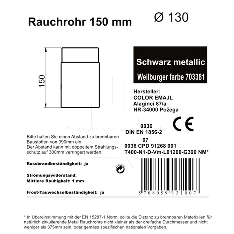 Rauchrohr 150 mm, ø 130 mm, schwarz - Details