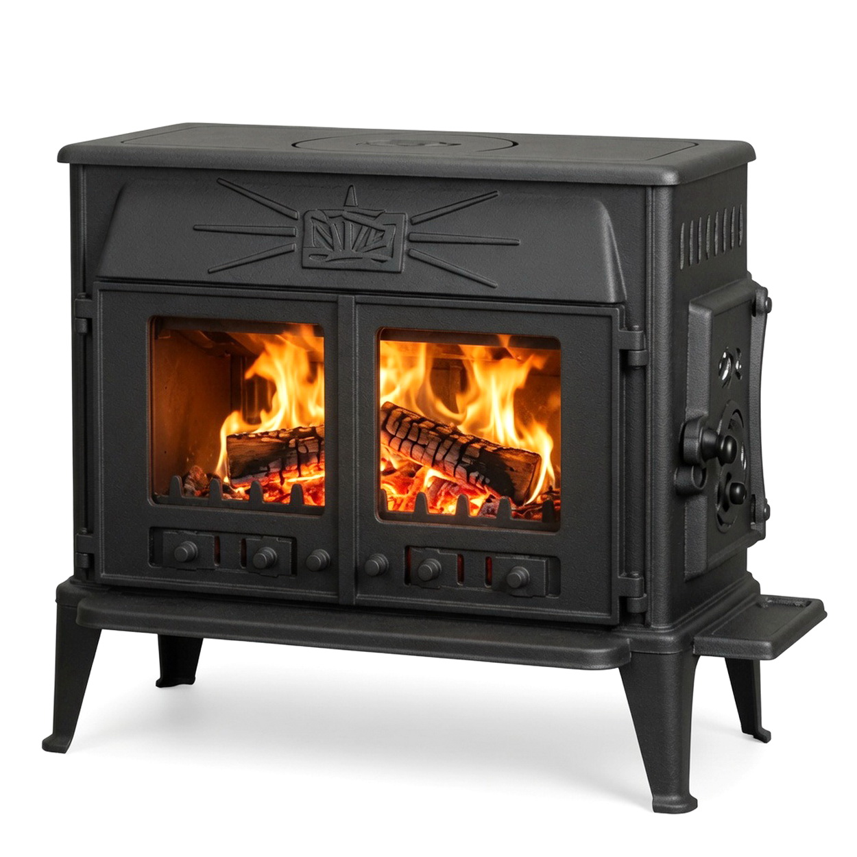 Kaminofen, Stahlofen, Holzfeuer, Doppelflügel, Gussfront