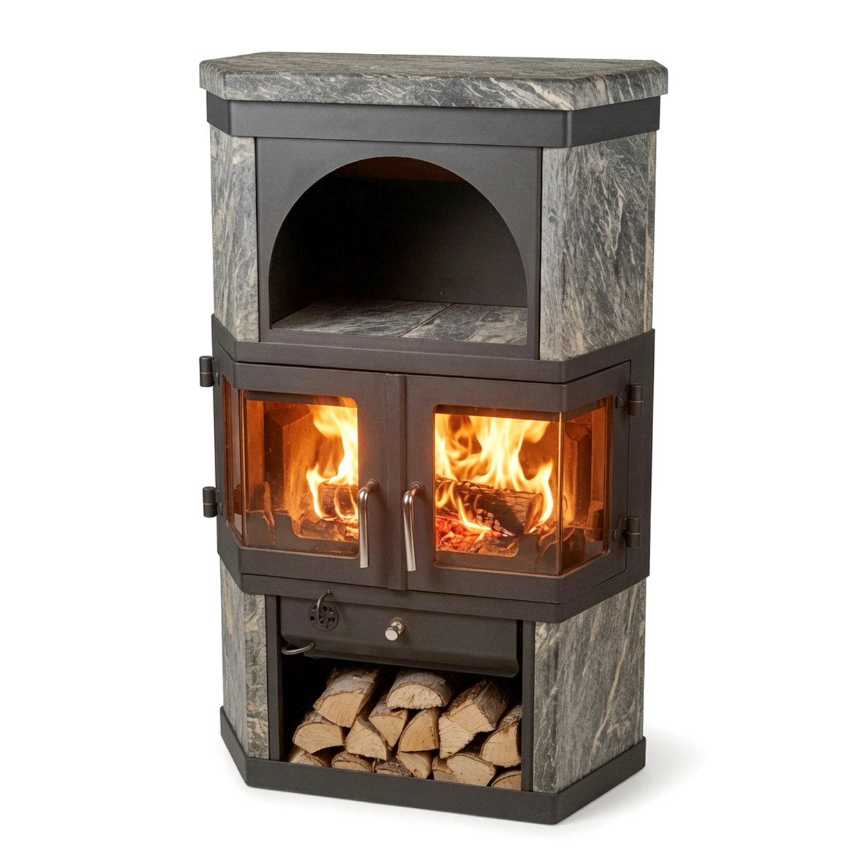 Kaminofen, Holzofen, Backofen, Feuerstelle, Holzlagerung