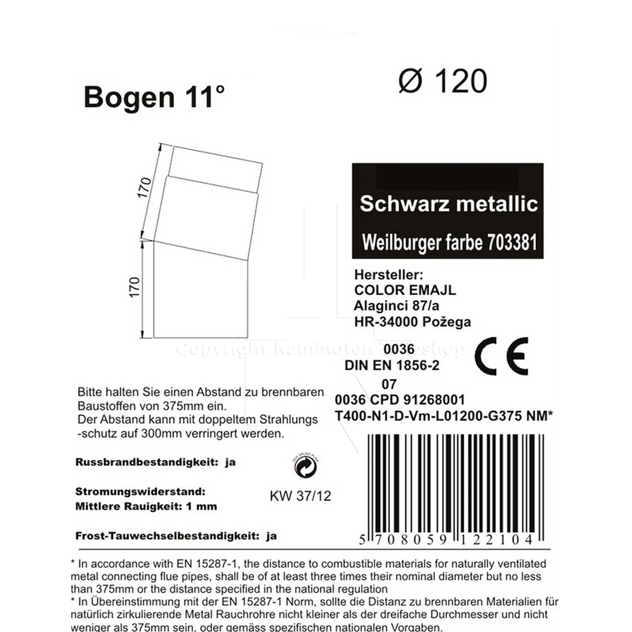 Rauchrohrwinkel 11°, ø 120 mm, schwarz - Informationen