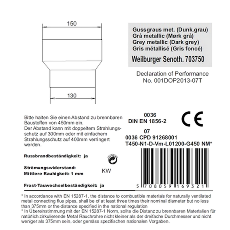 Rauchrohrerweiterung 130 - 150 mm gussgrau Details