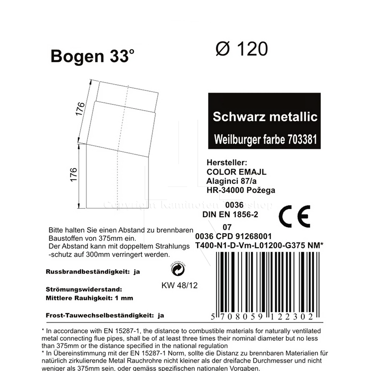 Rauchrohrwinkel 33°, ø 120 mm, schwarz - Informationen