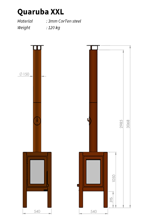 RB73 Quaruba XXL Terrassenkamin mit 4 Beinen Maße