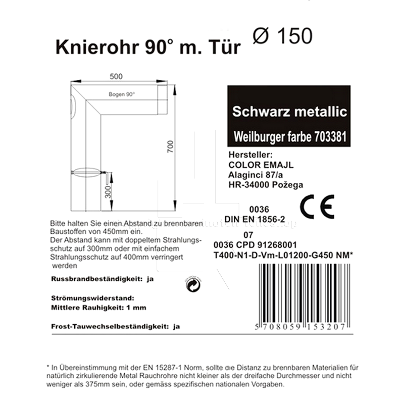 Informationen zu Rauchrohrwinkelbogen spitz mit Drosselklappe und Revisionstür, ø 150 mm
