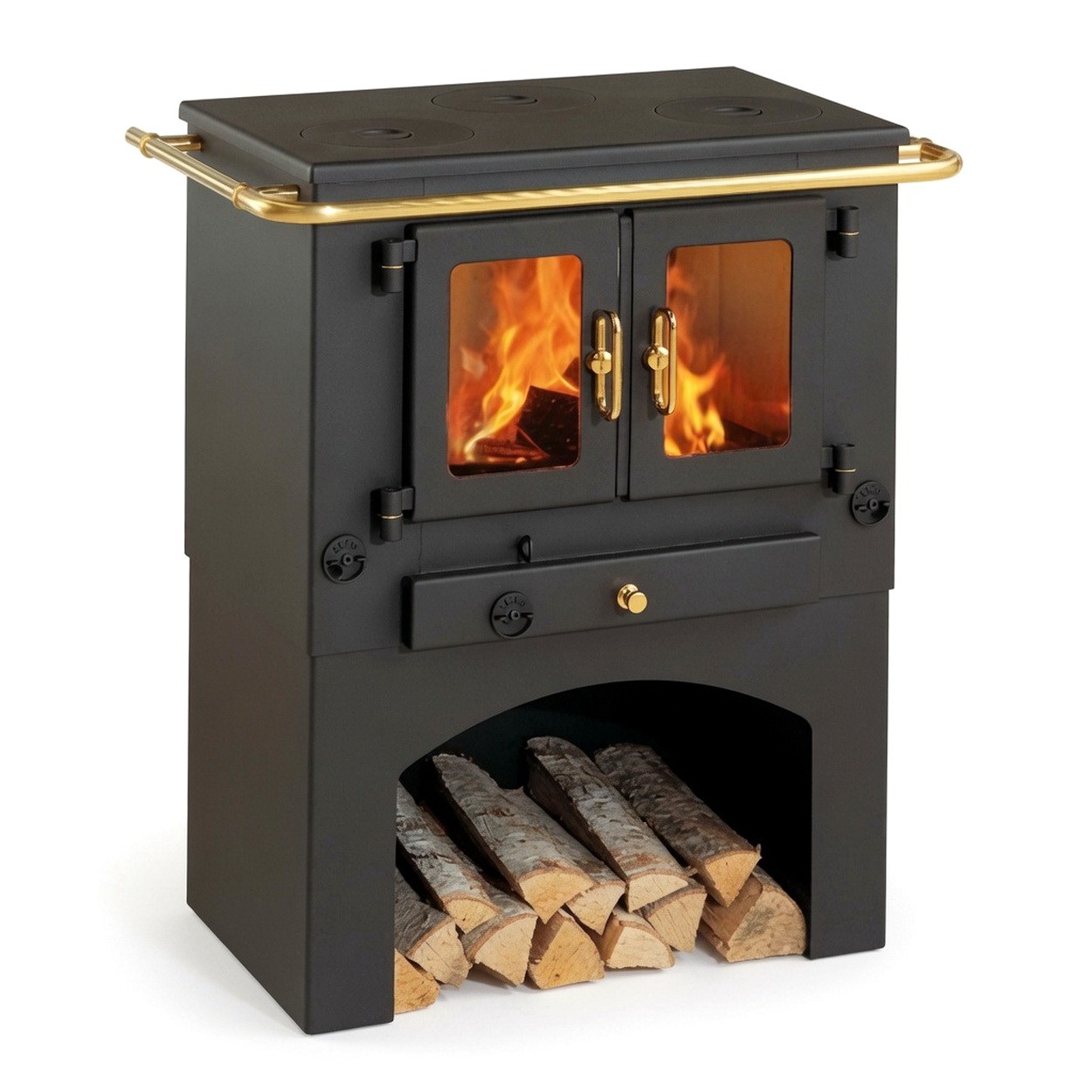 Ofen, Holzofen, Feuerstelle, Brennholz, Messinggriffe