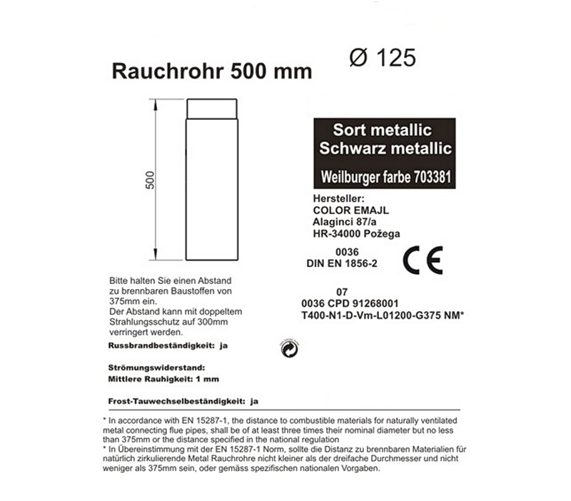 Rauchrohr 500 mm, ø 125 mm, schwarz_Daten