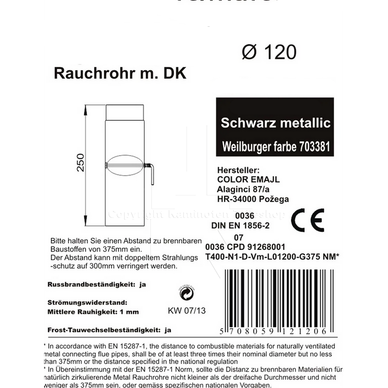 Rauchrohr 250 mm mit Drosselklappe, ø 120 mm, schwarz - Informationen
