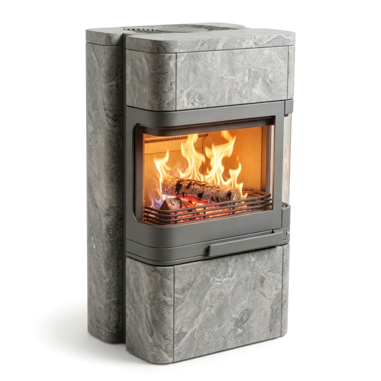 Kamin, Feuerstelle, Steinoptik, Holzvorrat, Glasfront