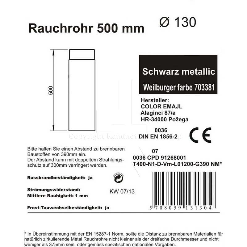 Rauchrohr 500 mm, ø 130 mm, schwarz - Details