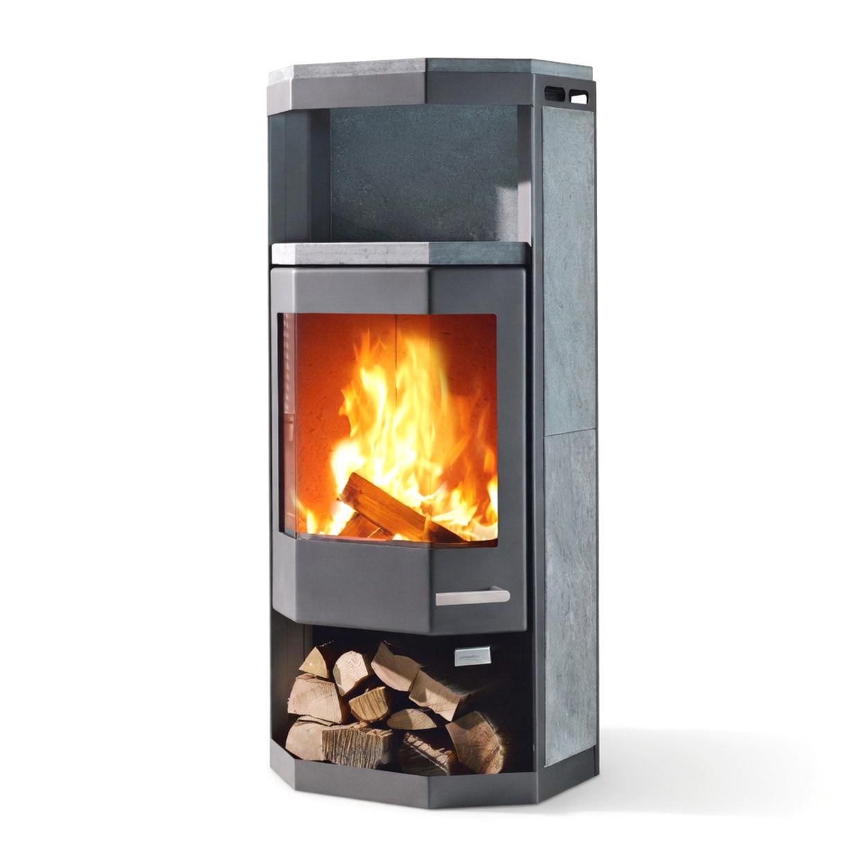 Kamin, Holzheizung, Feuerofen, Stahlkonstruktion, Holzlagerung