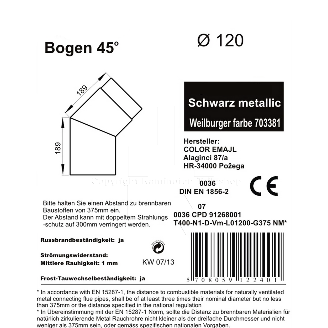 Rauchrohrwinkel 45°, ø 120 mm, schwarz - Informationen