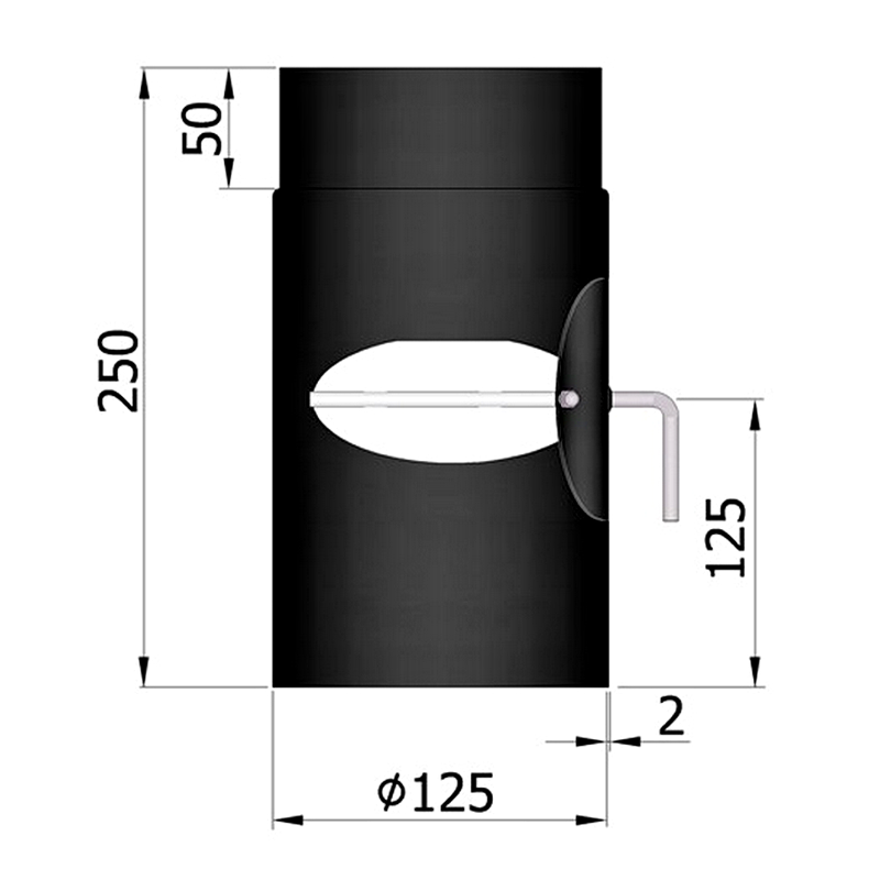 Rauchrohr 250 mm, ø 125 mm, mit Drosselklappe, schwarz