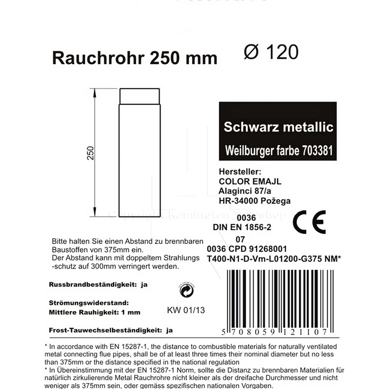 Rauchrohr 250 mm, ø 120 mm, schwarz - Informationen
