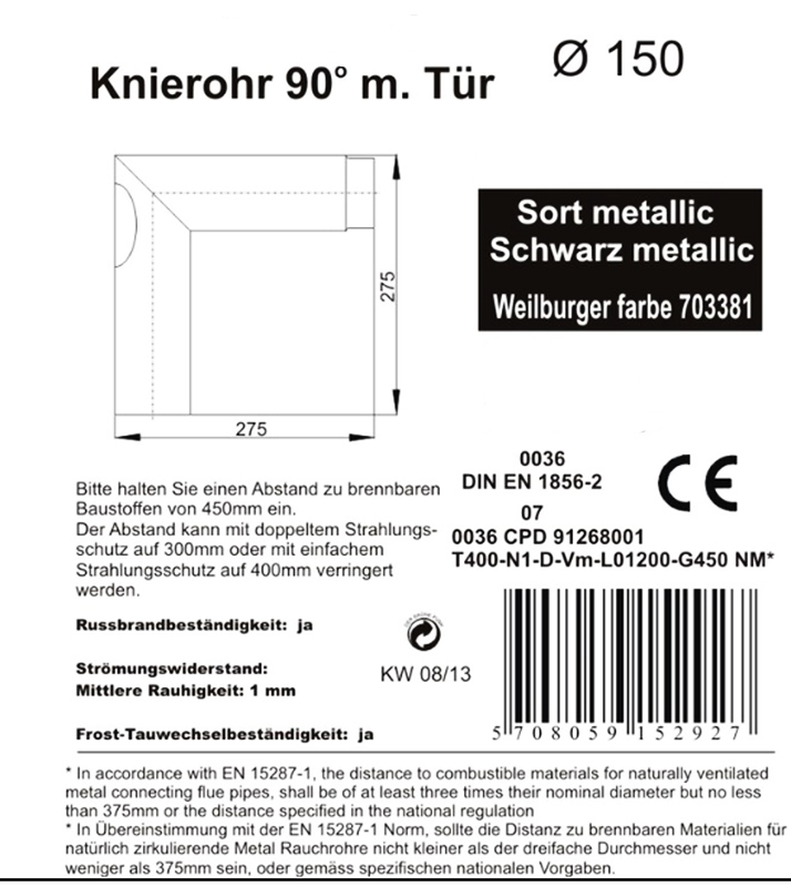 Informationen zu 90° Rauchrohrwinkel spitz mit Revisionstür, ø 15 cm, schwarz