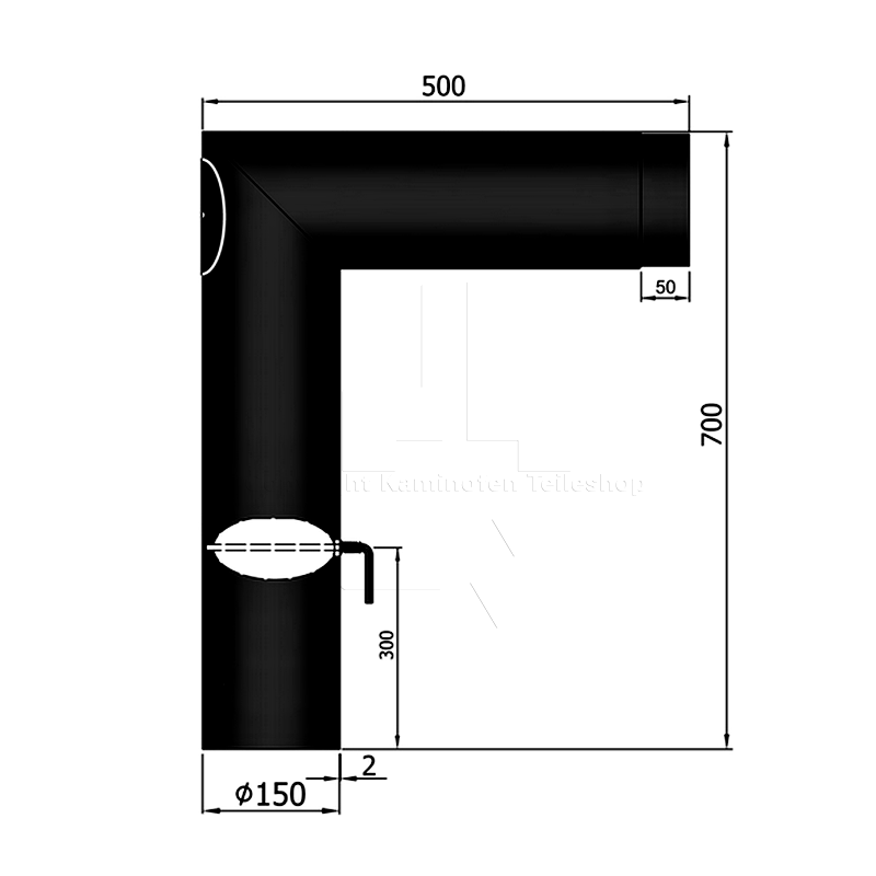 Rauchrohrwinkelbogen spitz mit Drosselklappe und Revisionstür, ø 150 mm