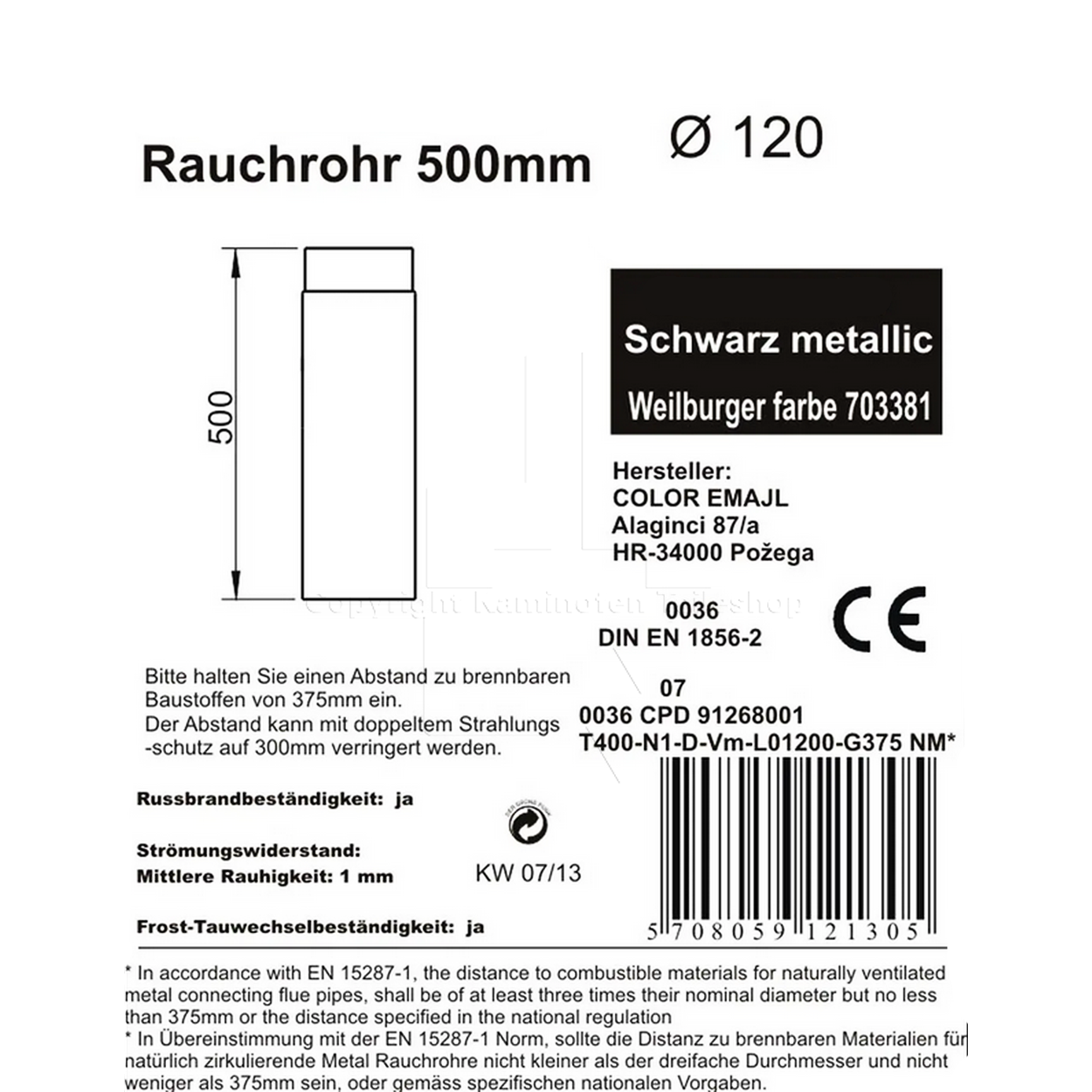 Rauchrohr 500 mm, ø 120 mm, schwarz  - Informationen