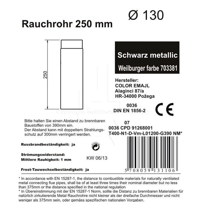 Rauchrohr 250 mm, ø 130 mm, schwarz - Details