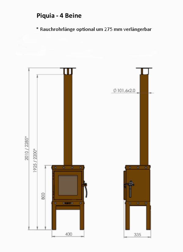 RB73 PIQUIA Maße für Gartenkamin mit 4 Beinen