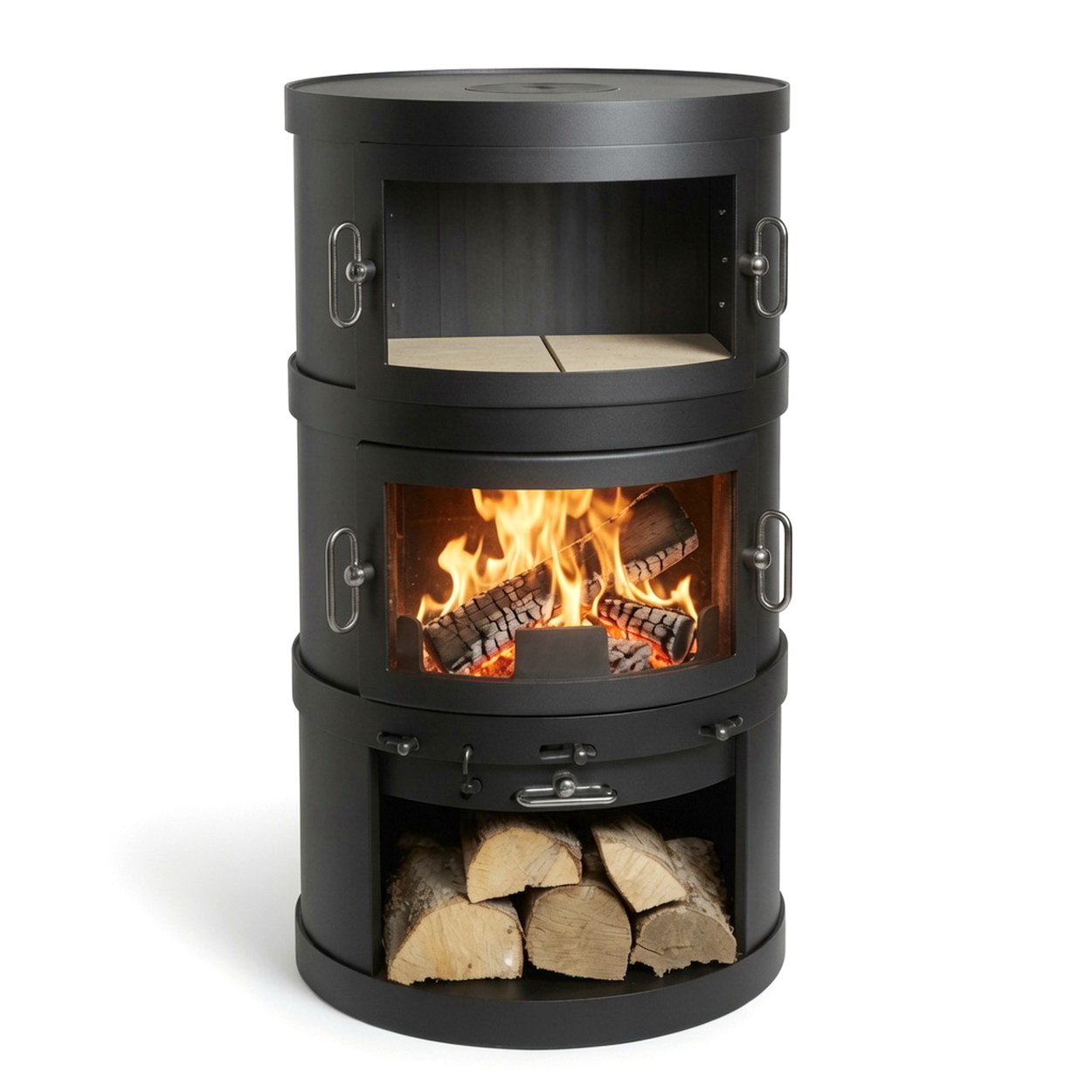 Holzofen, Kaminofen, Stahlkonstruktion, Holzscheite, Holzfeuer