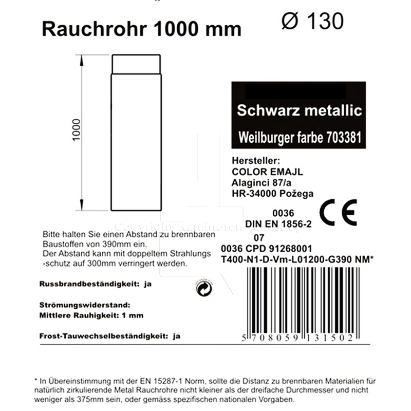 Rauchrohr 1000 mm, ø 130 mm, schwarz_ Details