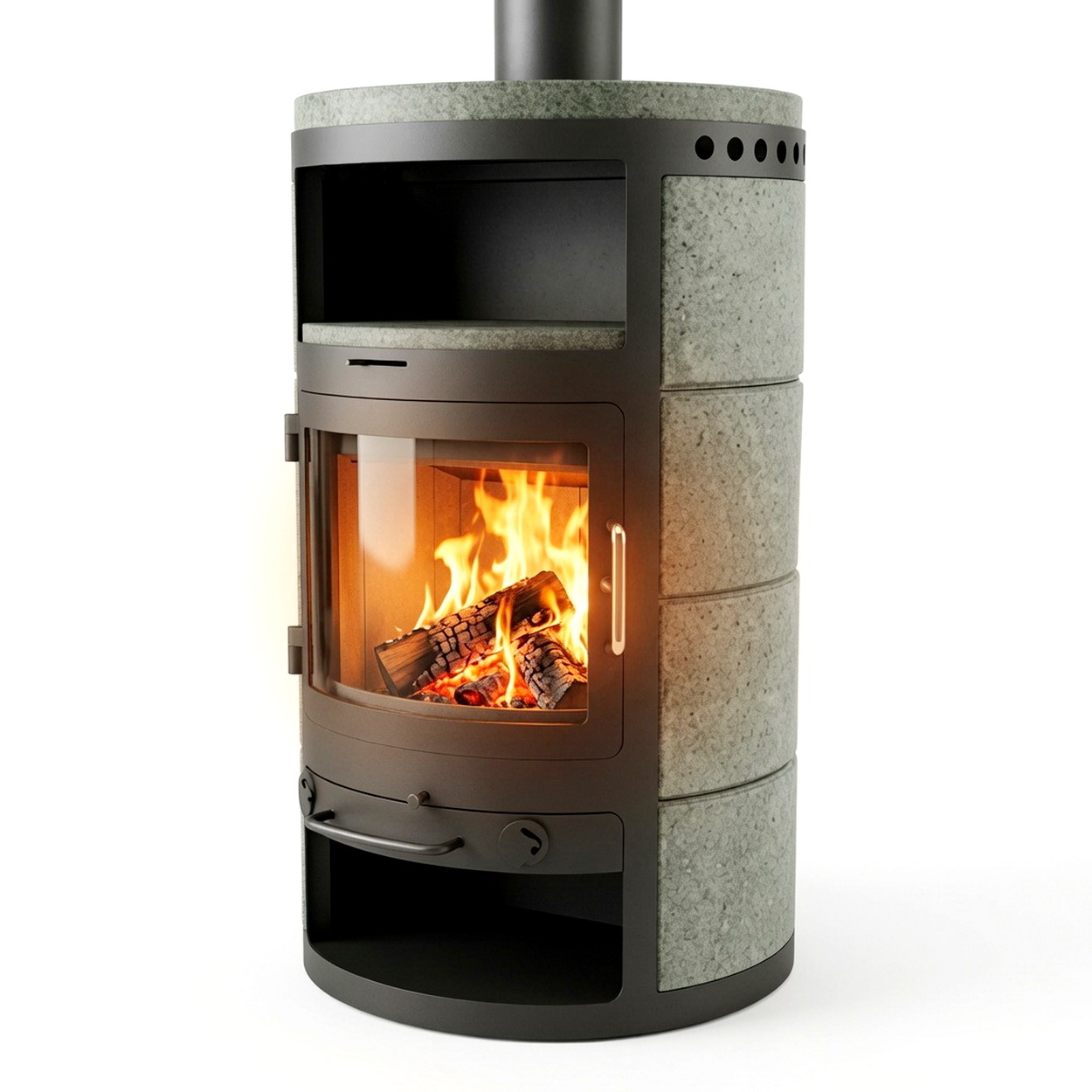 Kamin, Holzfeuer, Gussstahl, Steinoptik, Glutloge