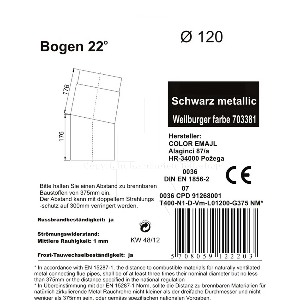 Rauchrohrwinkel 22°, ø 120 mm, schwarz - Informationen