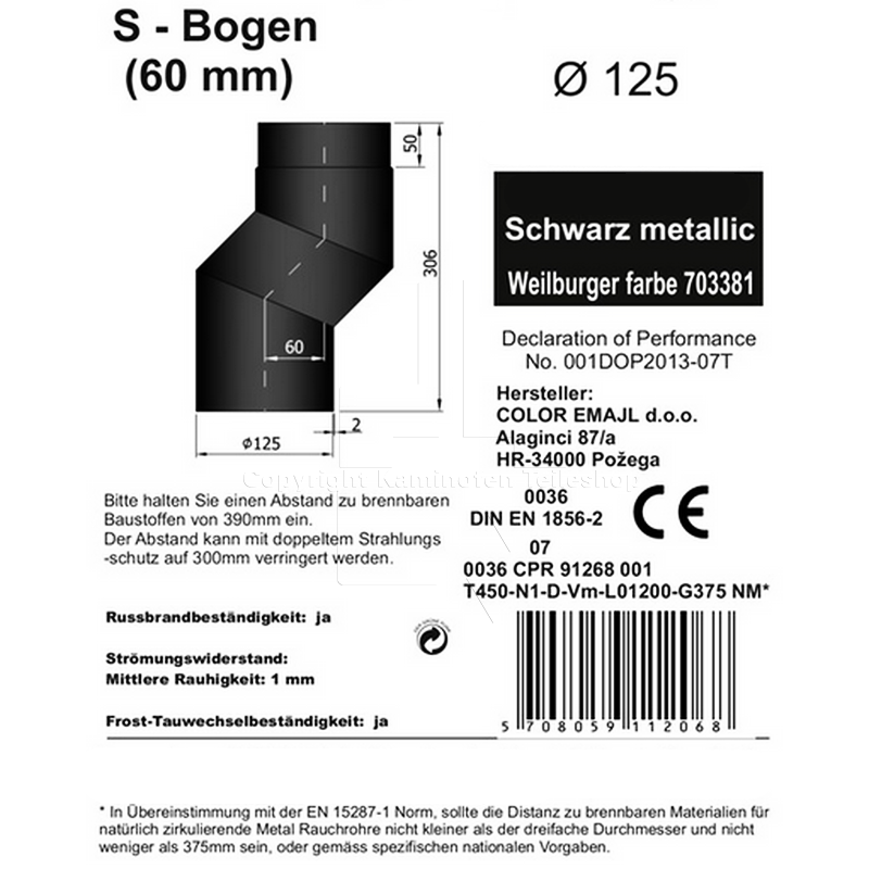 Rauchrohr S-Versatz 60 mm, ø 125 mm, schwarz - Informationen