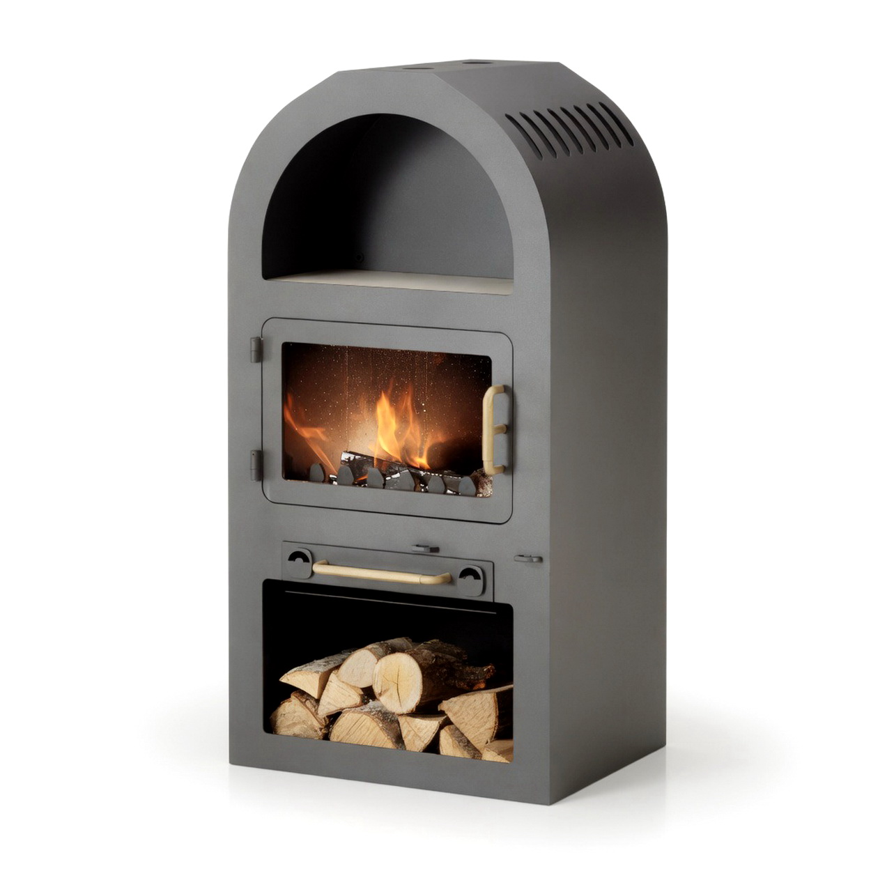 Kachelofen, Holzofen, Feuerbräste?, Holzscheite, Metallgehäuse