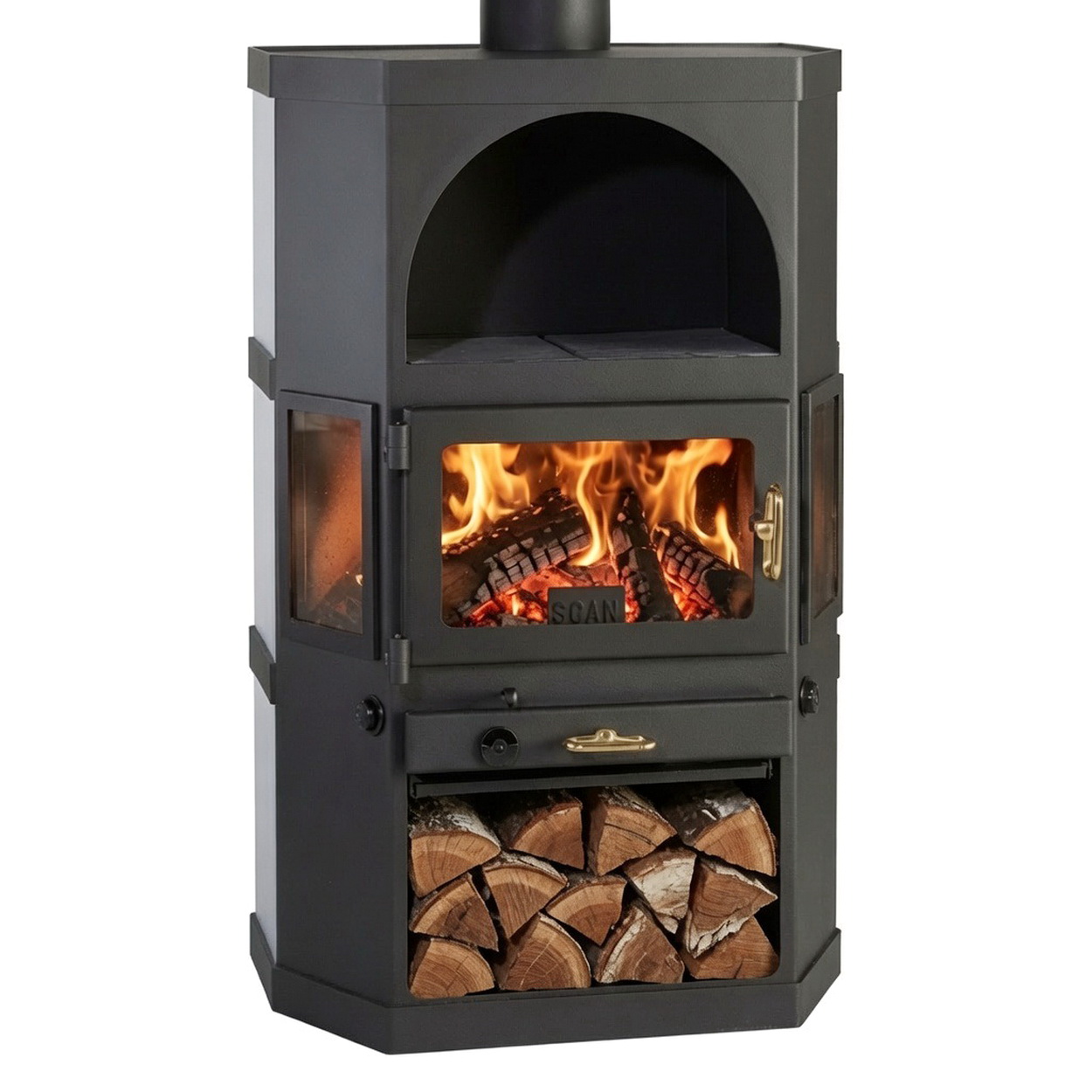 Herdofen, Holzofen, Kaminofen, Feuerstelle, Holzschacht