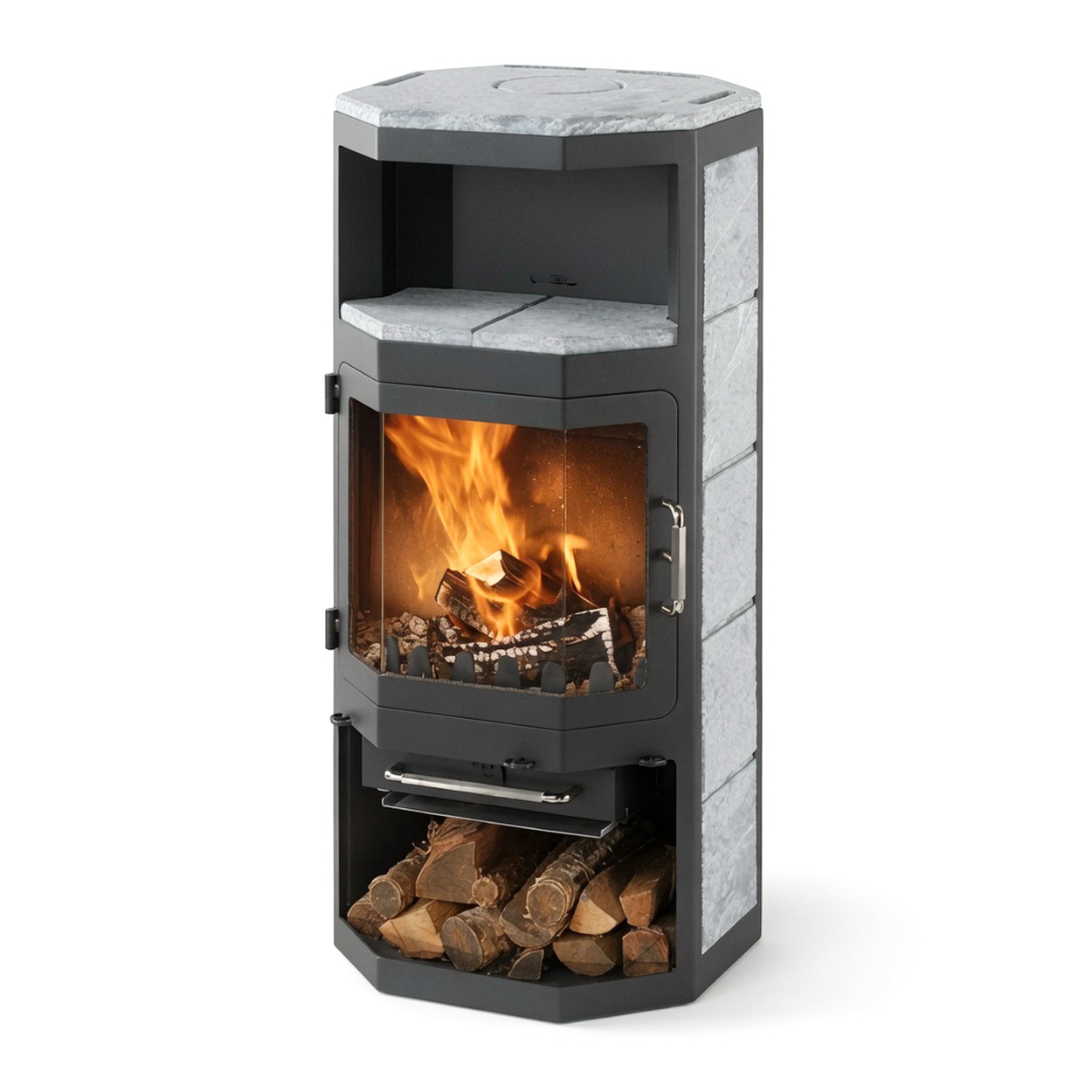 Holzofen, Kaminofen, Holzfeuer, Steinverkleidung, Holzlager