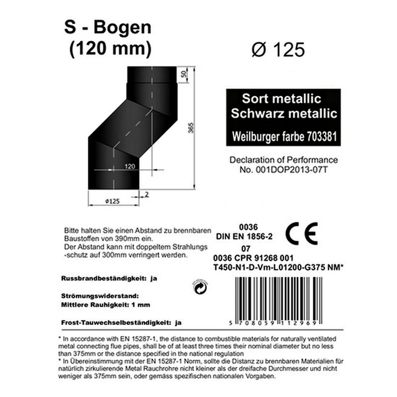 Rauchrohr S-Versatz 120 mm, ø 125 mm, schwarz-Informationen