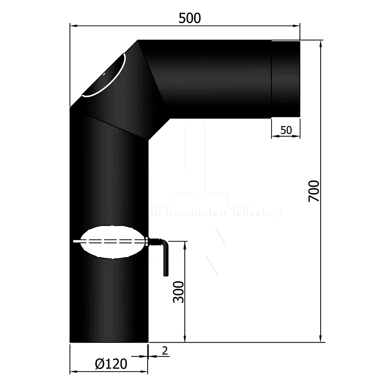 Knierohr 90° (2 x45°), ø 120 mm, schwarz, mit Drosselklappe