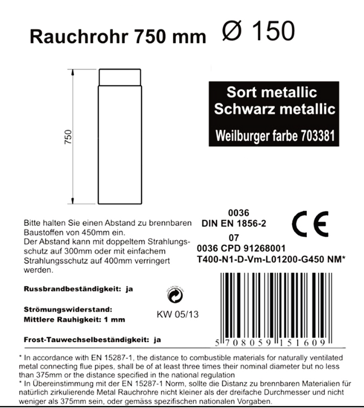 Informationen zu Abgasrohr 75 cm, ø 15 cm, schwarz