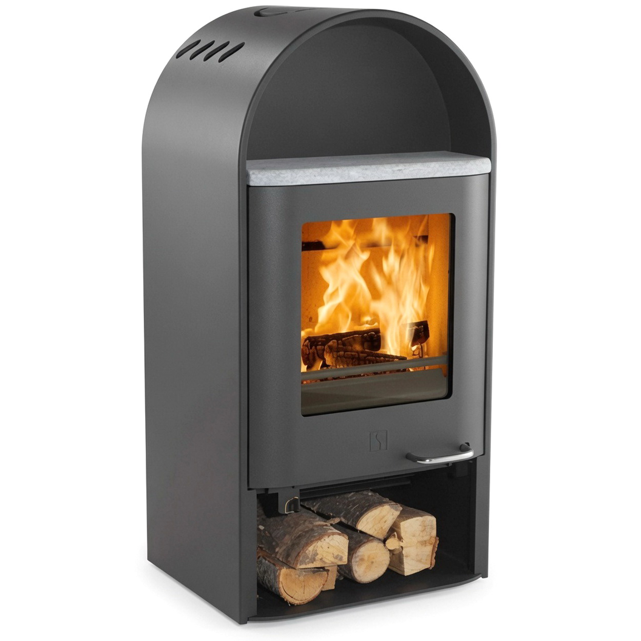 Kaminofen, Holzofen, Stahlkorpus, Feuerstelle, Holzlagerung