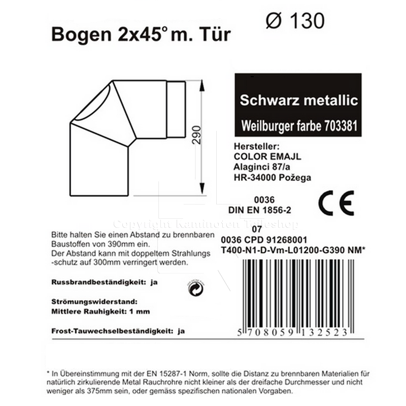 Rauchrohrwinkel 2 x 45° mit Revisionstür, ø 130 mm - Details