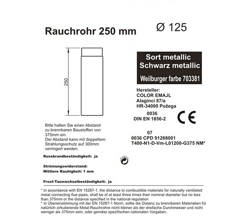 Rauchrohr 250 mm, ø 125 mm, schwarz-Daten