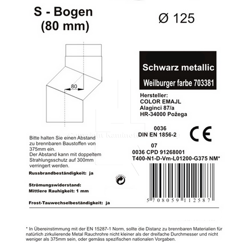 Rauchrohr S-Versatz 80 mm, ø 125 mm, schwarz - Informationen