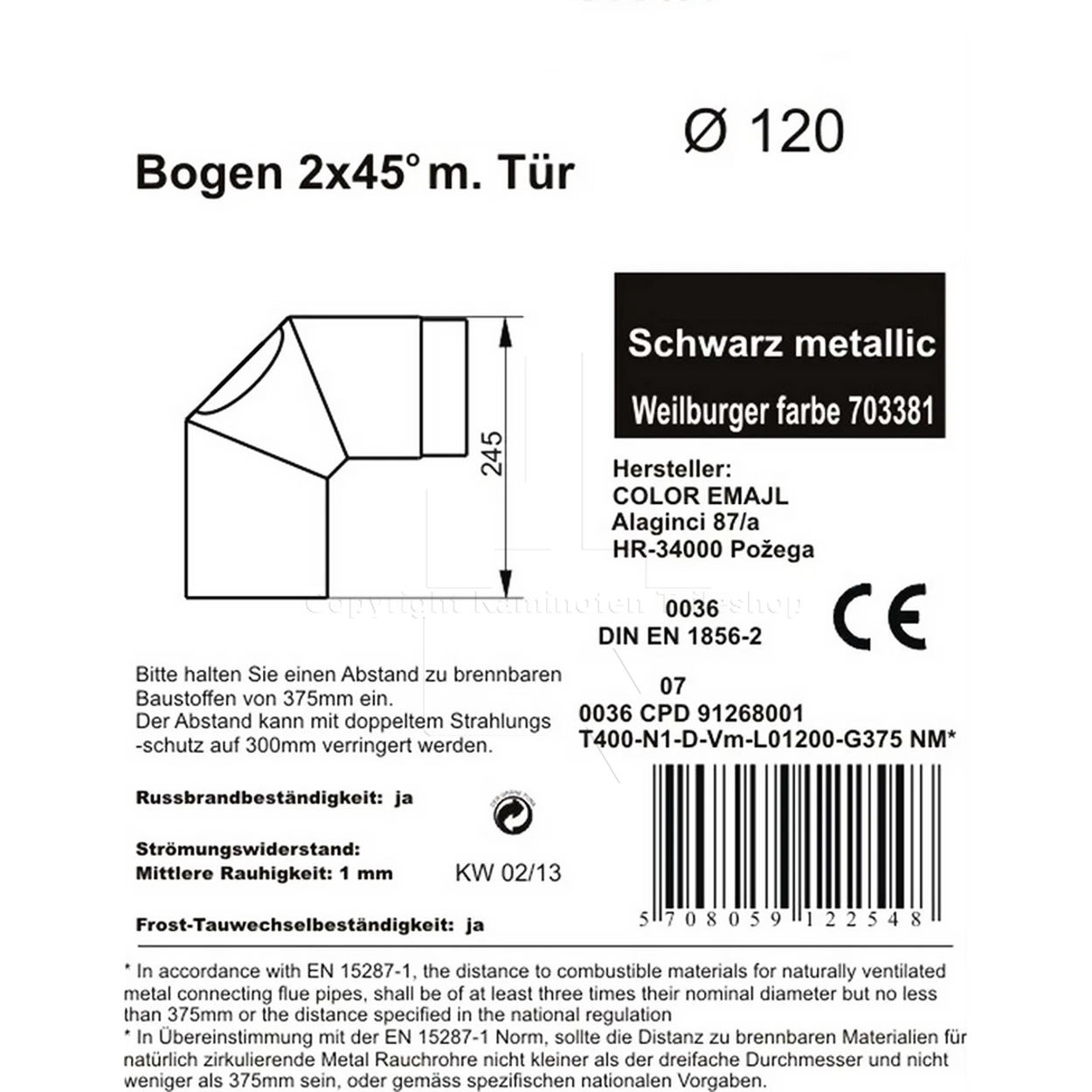 Rauchrohrwinkel 90°, ø 120 mm, schwarz 245 x 245 mm - Informationen