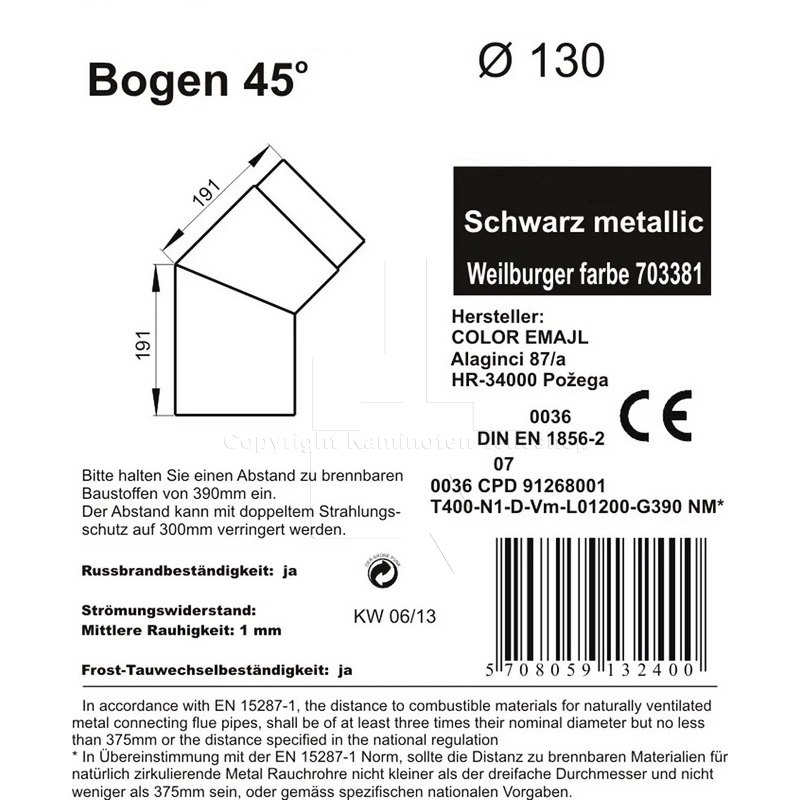 Rauchrohrwinkel 45° ø 130 mm - Details