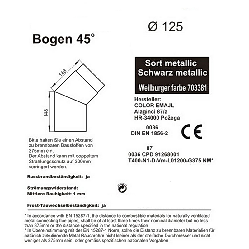 Rauchrohrwinkel 45°,  ø 125 mm, schwarz technische Daten