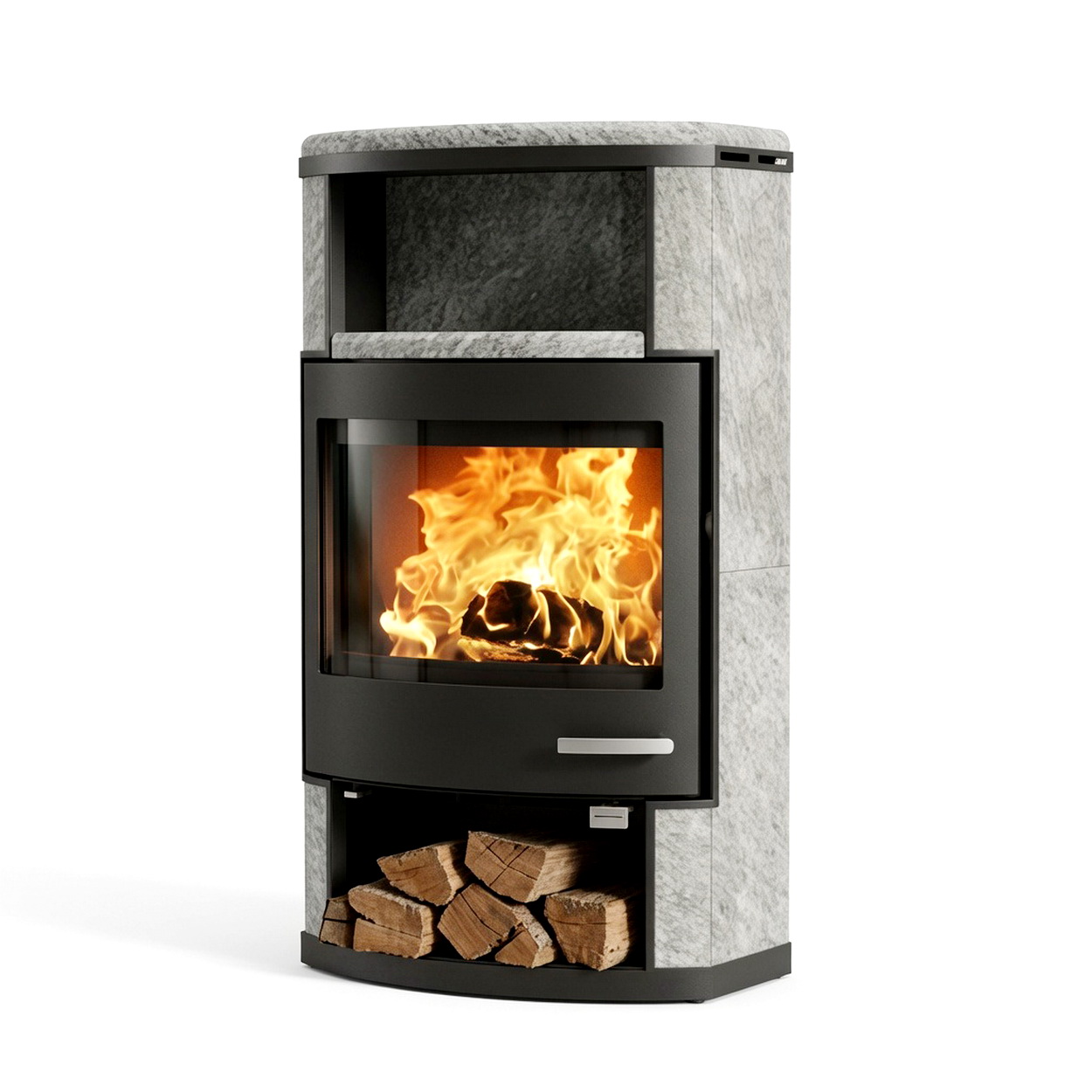 Kamin, Kaminofen, Feuerstelle, Holzlager, Steinoptik